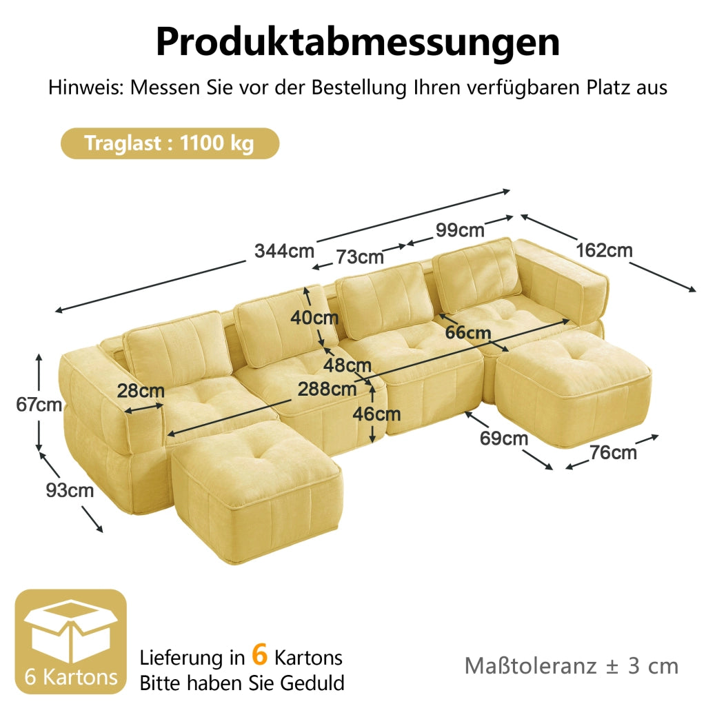 Divano modulare U 4 posti senza struttura con 2 pouf schiuma 32D antiscivolo in poliestere giallo 344 × 162 × 67 cm