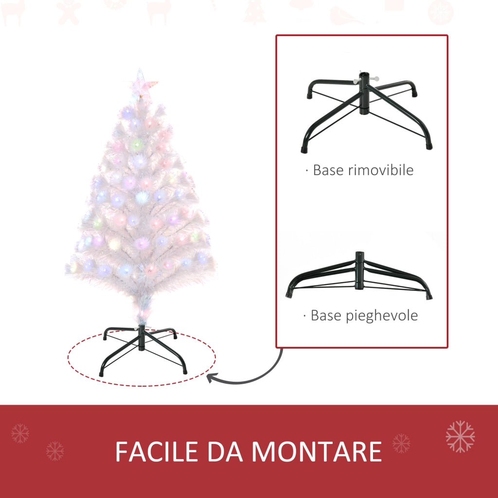 Easycomfort Albero di Natale Artificiale 90cm con 90 Luci LED Colorate e Fibre Ottiche, 90 Rami, Base in Metallo Pieghevole, Bianco