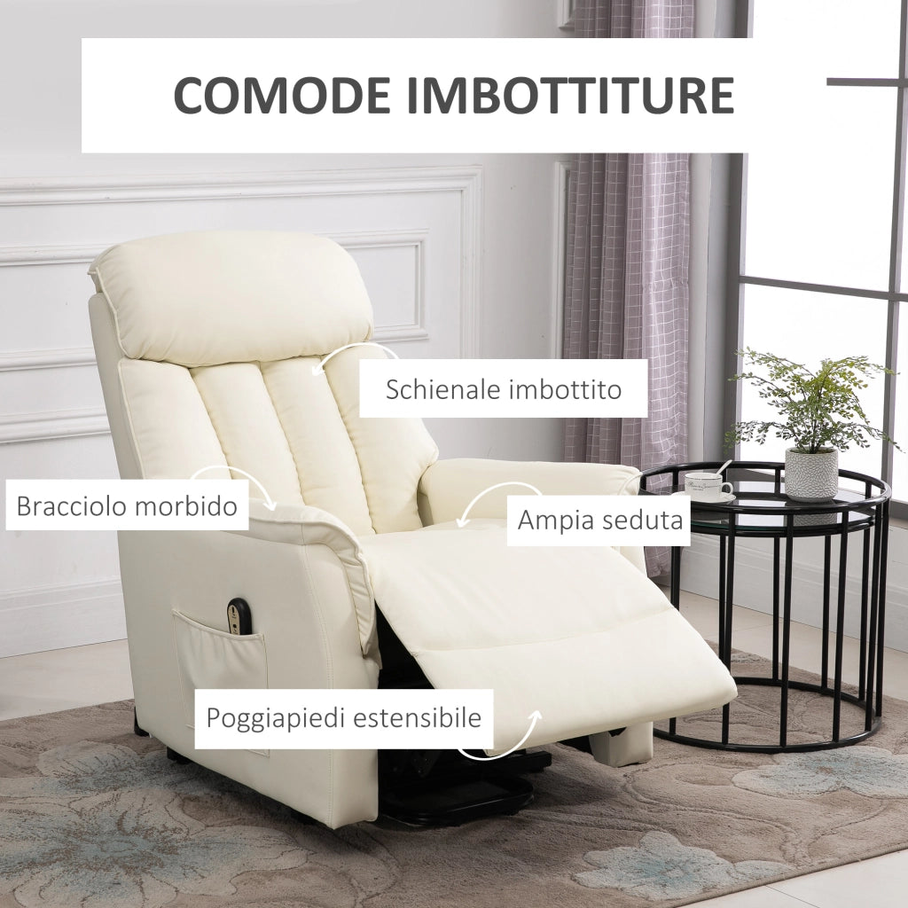 Easycomfort Poltrona Elettrica Alzapersone Reclinabile 145°, Poltrona Relax Elettrica in Pelle PU con Telecomando, Tasche Laterali e Poggiapiedi Integrato, Crema