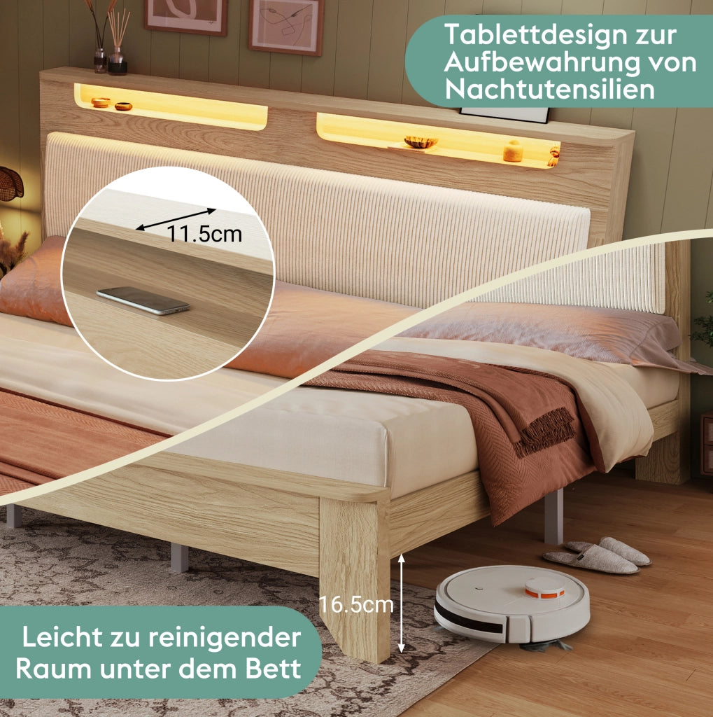 Letto matrimoniale 140x200 cm con LED; testiera con ripiani; panca contenitore; beige e rovere
