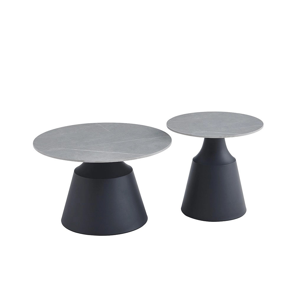 Set Tavolini Dual Rotondi in Ceramica Grigio Opaco con Struttura in Metallo Nero – Coppia Tavoli Salotto Moderni