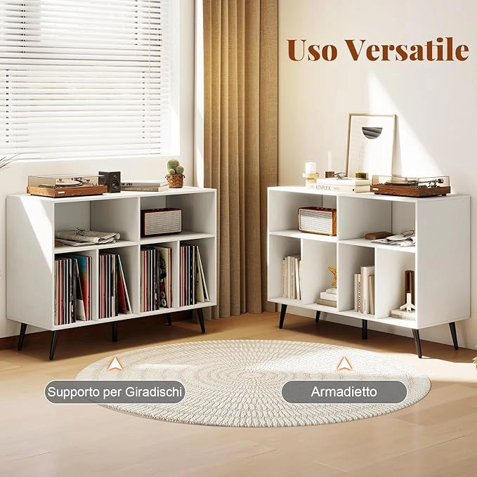 Supporto per Giradischi, Mobiletto per Giradischi a 3 Livelli con Scaffali per Vinili, Tavolino per Dischi con 5 Gambe, Scaffale Espositivo per Soggiorno, Sala Musica (Bianco)