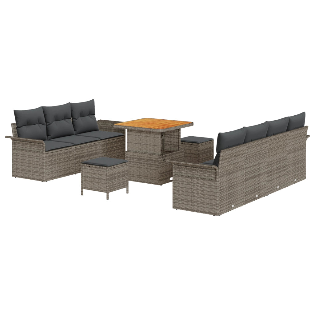 Set Divano da Giardino  10 Pezzi con Cuscini Grigio Polyrattan Acacia