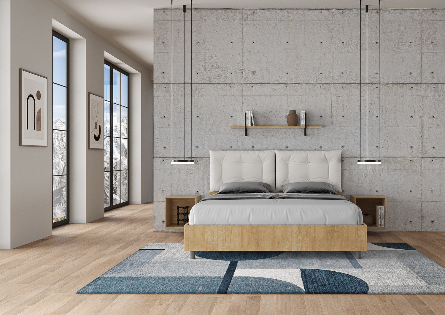 Letto Matrimoniale 160x190 cm con Rete Struttura Quercia con Cuscini in Similpelle Egos Annalisa Bianco