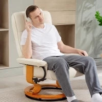 Poltrona Relax Reclinabile con Poggiapiedi, Girevole, Telaio in Legno, Rivestimento Sintetico Crema