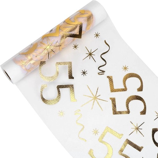 Decorazione per tavolo 55° anniversario, decorazione per tavolo 28 cm x 10 m, decorazione per tavolo in oro a rotolo, decorazione 55° anniversario uomo donna, tovaglia per tavolo con festoni per 55° anniversario,  jubilei e festa.