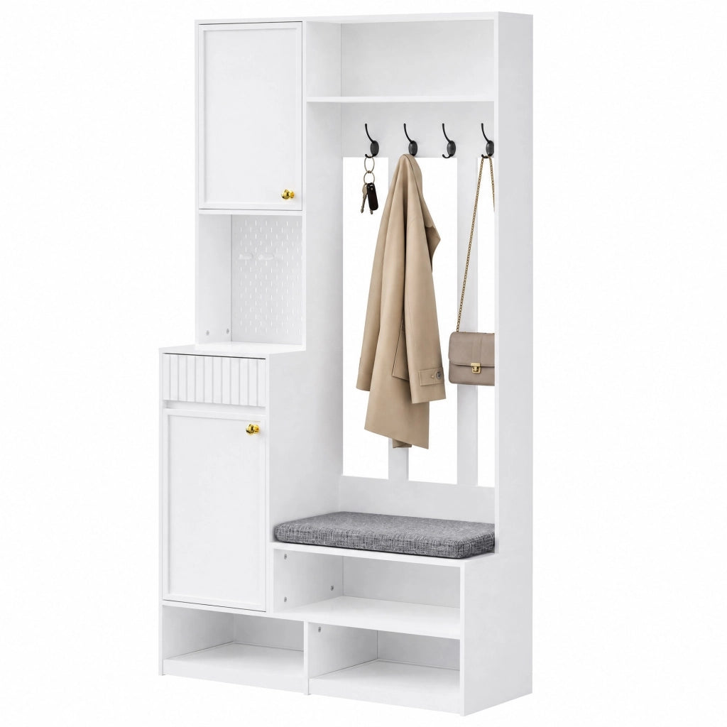 Mobile da ingresso 6 in 1 con panca, appendiabiti e cassetti, bianco