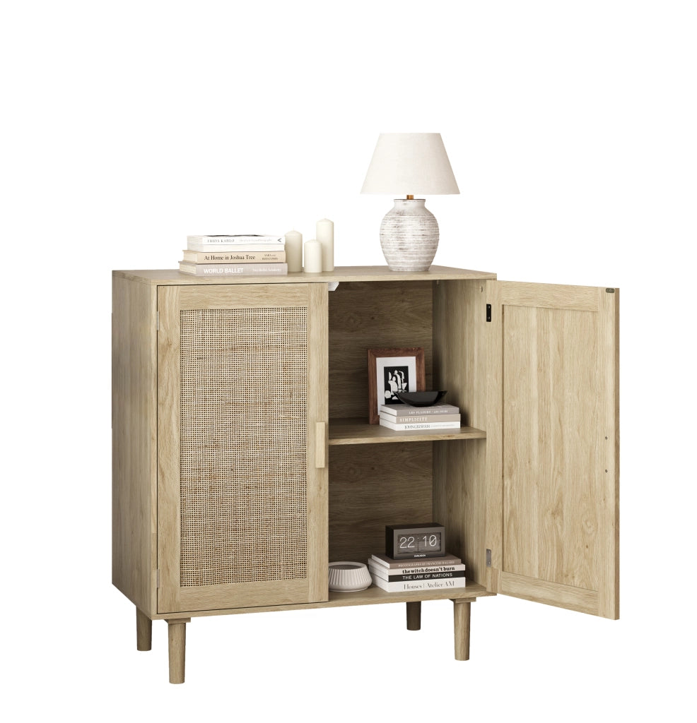 Credenza a 2 ante in rattan e MDF con maniglie in legno, per soggiorno e ingresso, naturale, 80 × 40 × 88 cm