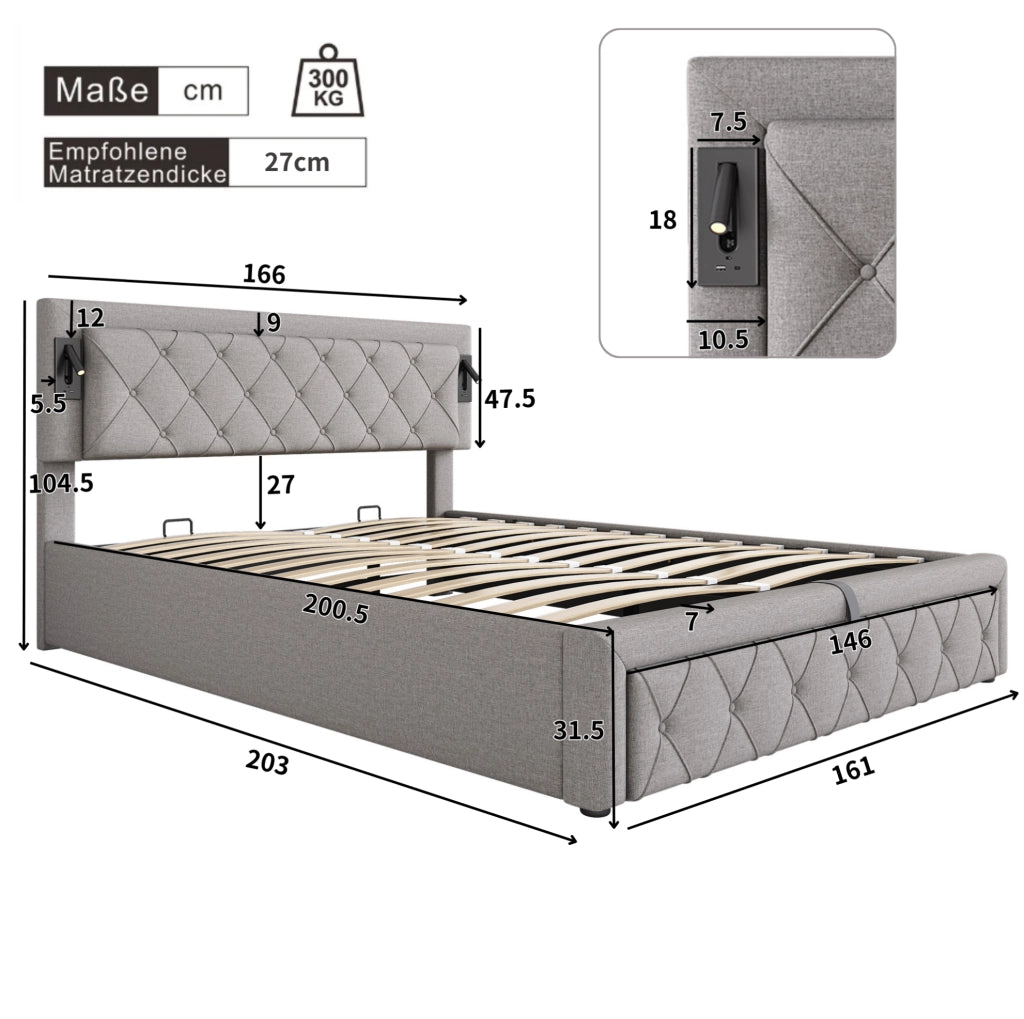 Letto matrimoniale imbottito con contenitore; luce integrata e porte USB; in lino grigio