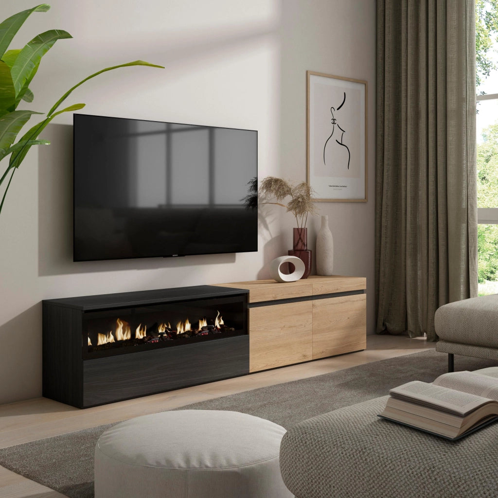 Mobile TV, 200x35x45cm, soggiorno, Per TV fino a 80", Camino elettrico, colore Rovere e nero RF2253