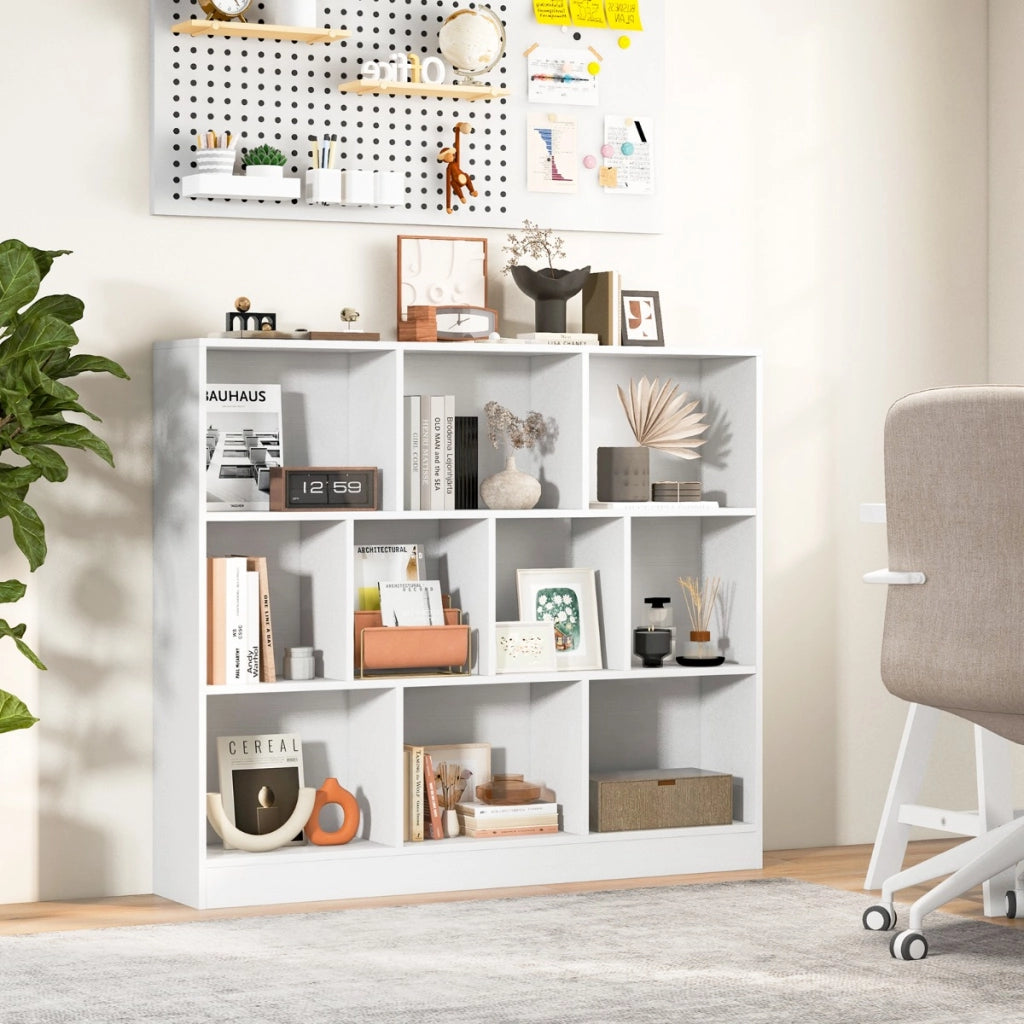 Libreria a 10 cubi con 2 kit anti-ribaltamento, Organizzatore di stoccaggio a 3 ripiani in legno alto 104cm Bianco-Librerie