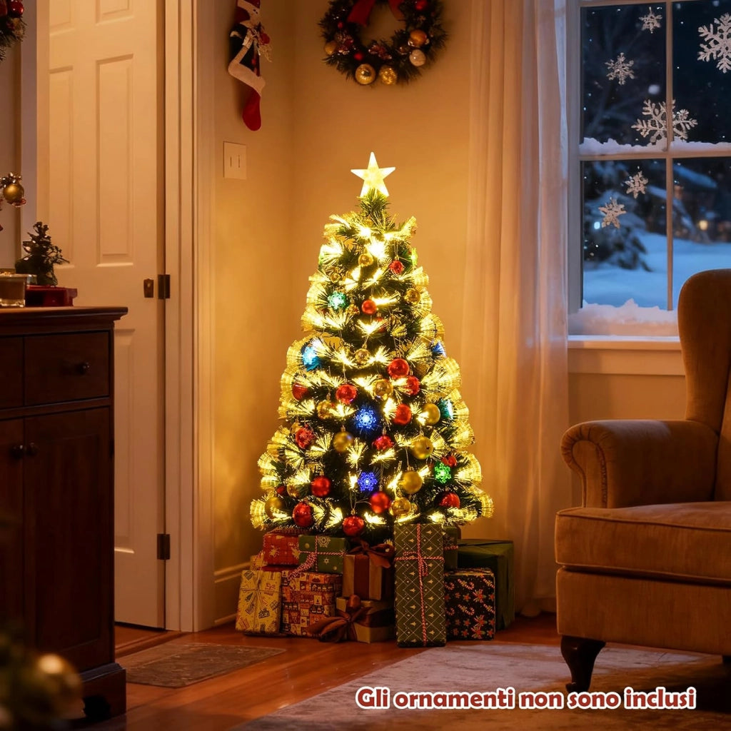Albero di Natale con Luci in Fibra Ottica 120/150 cm, Albero di Natale Preilluminato con 8 Modalità di Illuminazione, 130/170 Rami, 14/20 Fiocchi di Neve, Puntale a Stella e Base (120 cm)