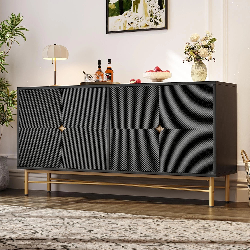 Credenza 160cm Texturizzata - Xylo - 4 Ante con Maniglie Oro, Colore Nero