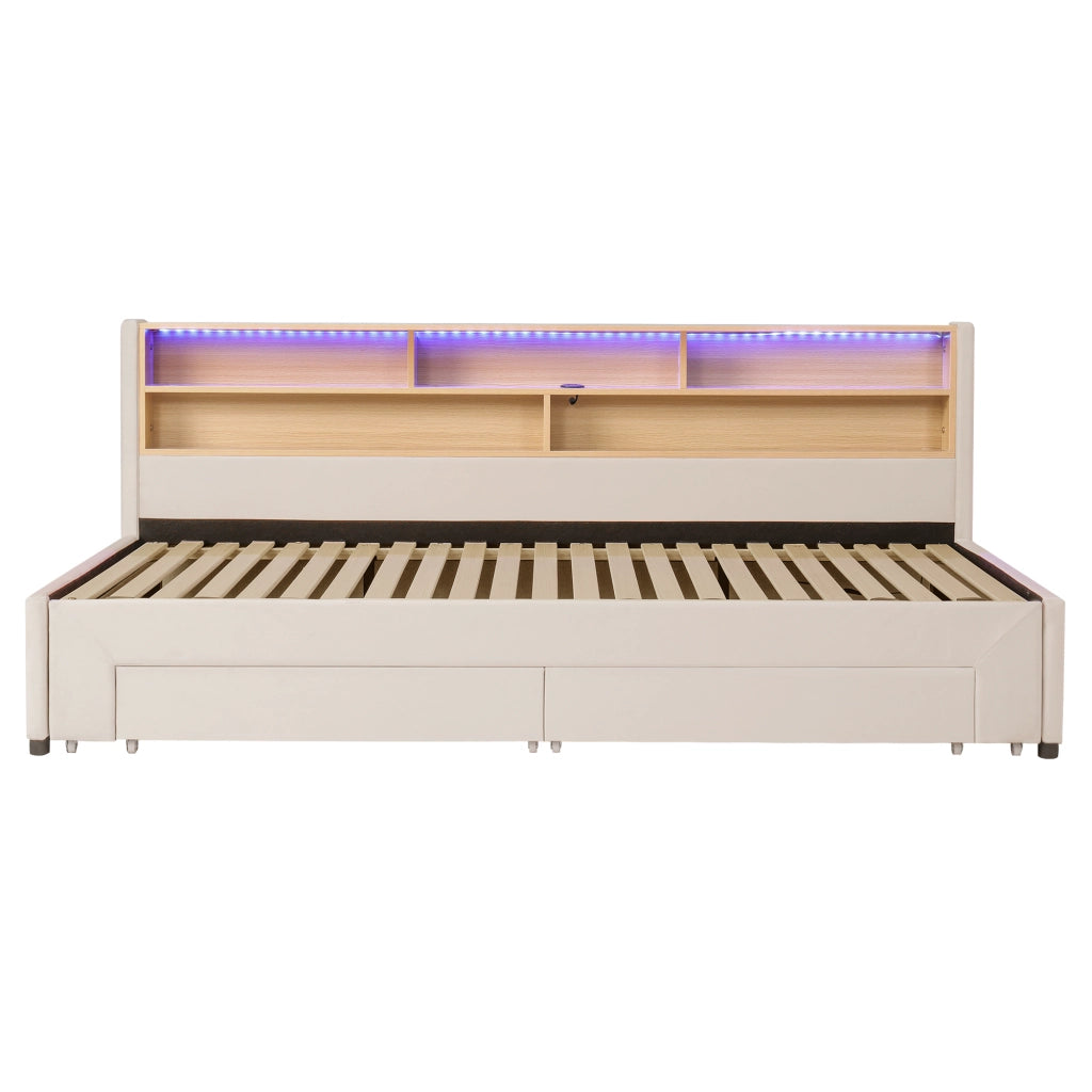 DESMIU Letto a divano 90 × 200 cm 2 posti con cassetti, USB, Type-C e LED, senza materasso, velluto beige