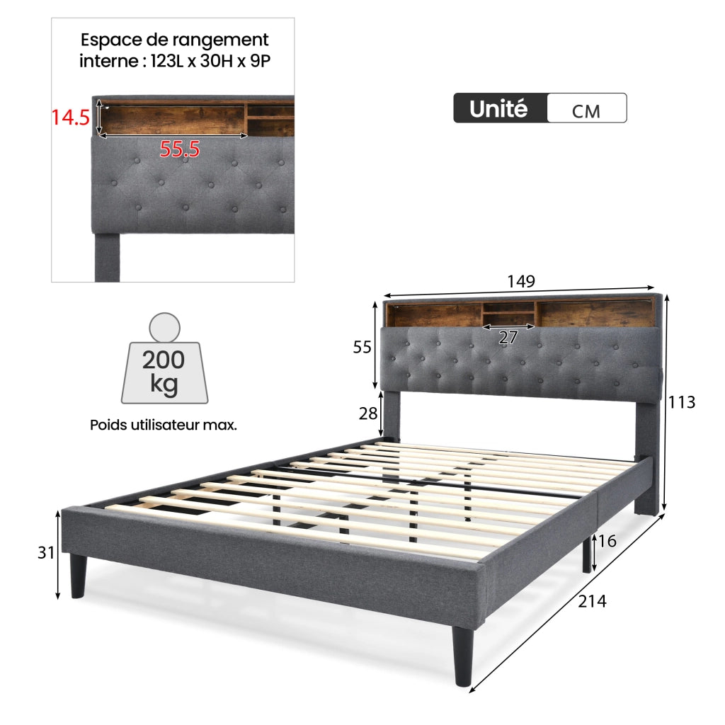 Letto Contenitore 140x200 cm; Letto Matrimoniale - Testiera con Contenitore e LED - Grigio