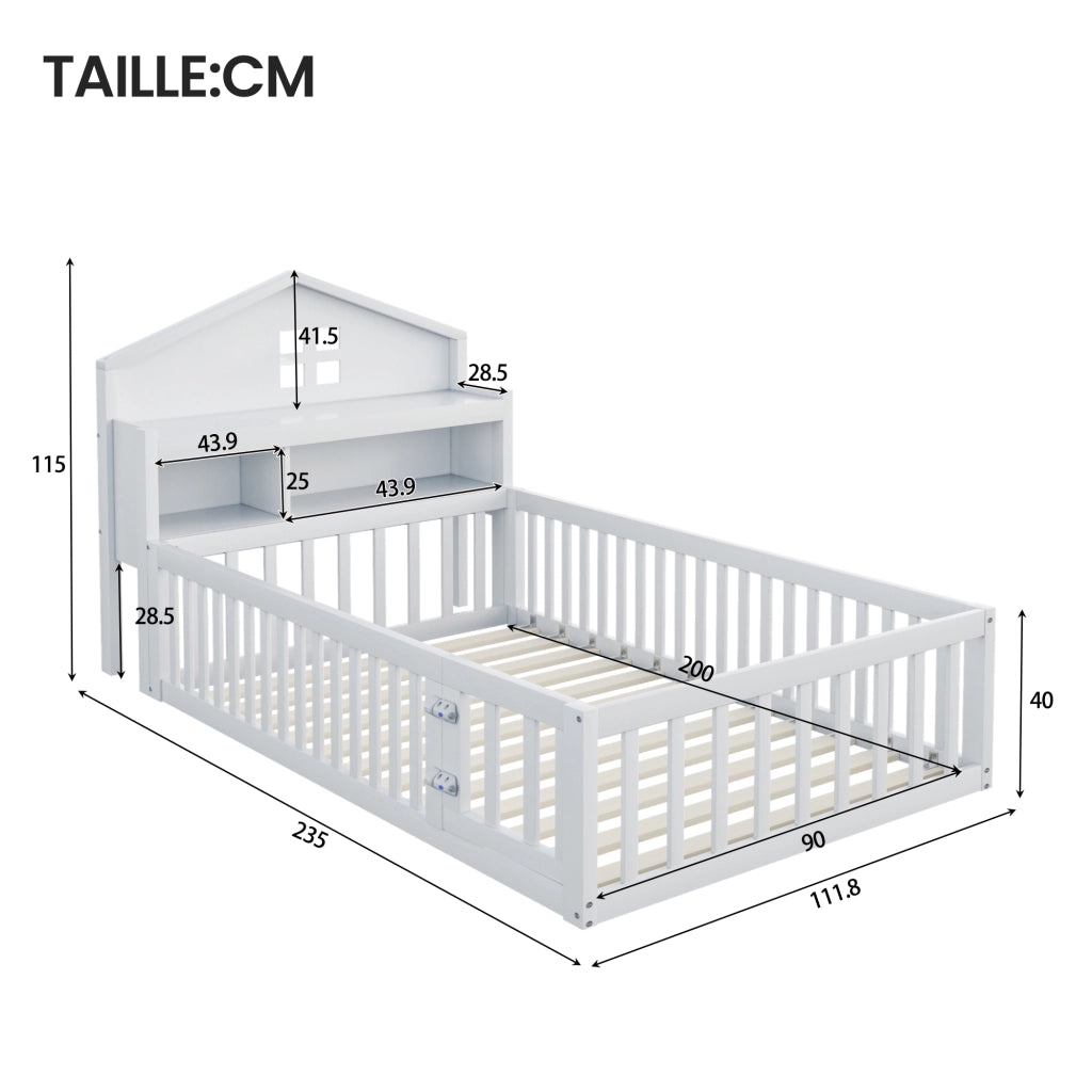 Letto bambino 90×200 cm con ripiani; lavagna; barriera e porta; senza materasso; legno massiccio; bianco