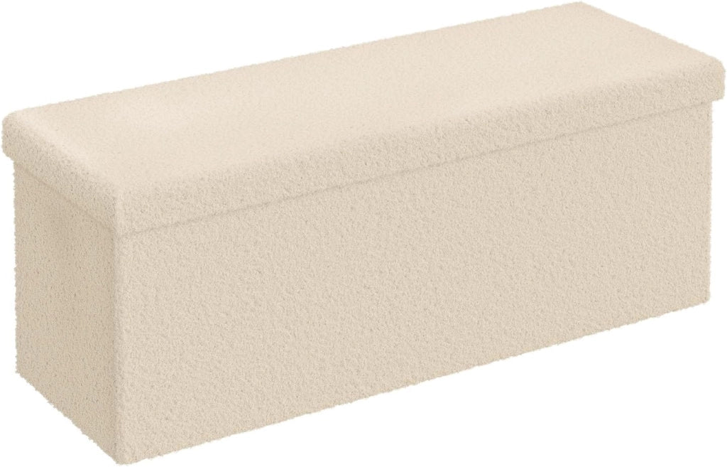 Cassapanca Contenitore da Interno, Pouf Poggiapiedi Pieghevole, con Pannello Divisorio, Rivestimento in Tessuto Teddy, per Camera da Letto, Ingresso, Soggiorno, 110x38x38,5 cm, Beige