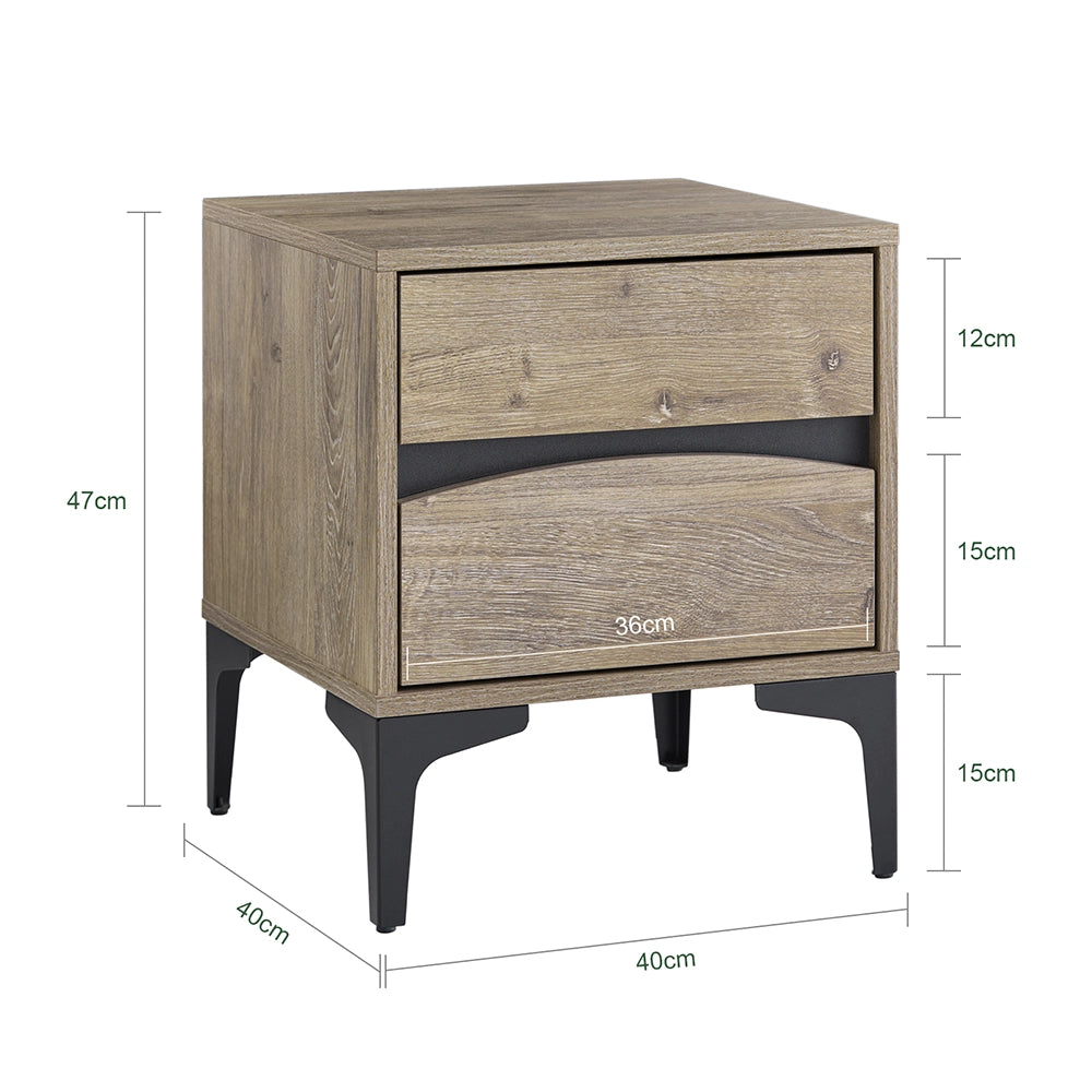 SoBuy Comodino, 2 cassetti con frontale curvo, effetto legno & gambe in metallo, Tavolino da notte moderno per camera da letto, 40×40×47 cm, naturale FBT165-N