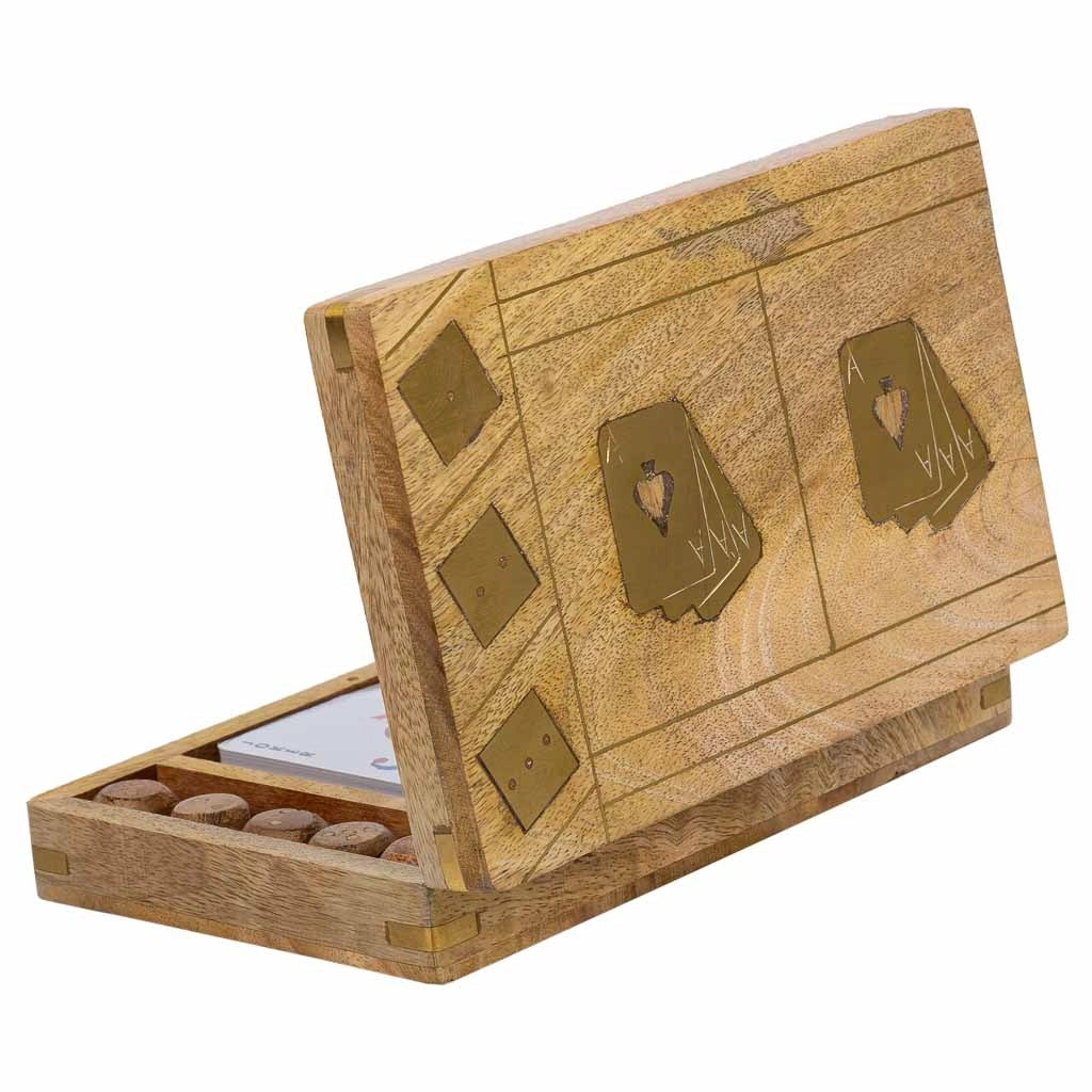 Gioco 2 in 1 (carte+dadi) in scatola di legno marrone 19,5x12x4h