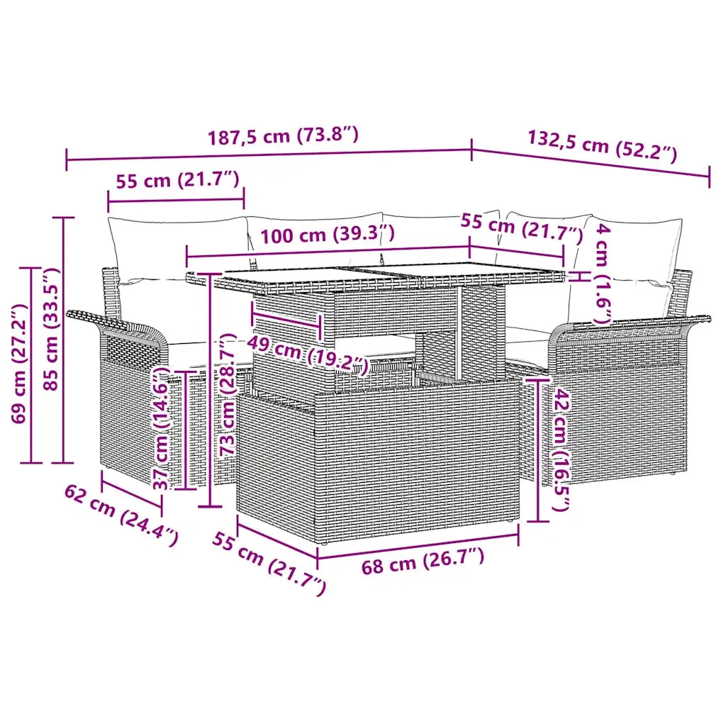 Set Divano da Giardino con cuscino 5 pcs Beige Poly Rattan