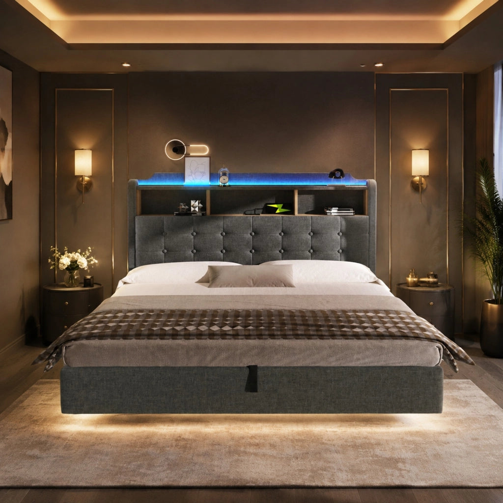 DESMIU Letto contenitore 180 × 200 cm 2 posti con LED, USB e Type-C, senza materasso, grigio
