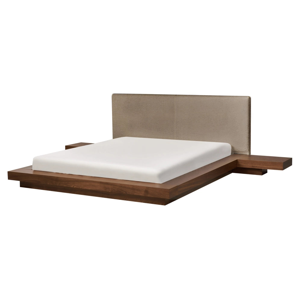 Letto matrimoniale LED con comodini e testata bouclé tortora in frassino 160 x 200 cm stile giapponese