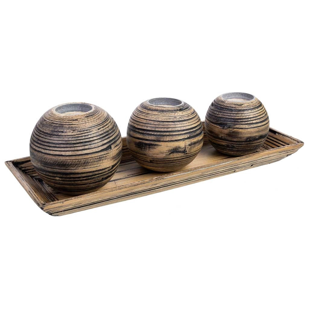Set vassoio e 3 portacandele in legno di bambù marrone 33x13x3h cm
