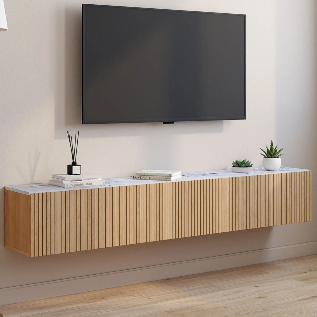 IDMarket - Mobile TV sospeso JULIETTE 180 cm con piano effetto marmo e doghe in legno color rovere
