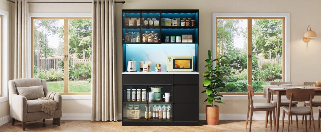 Credenza alta con LED e ante in vetro, cassetti e vani aperti, per soggiorno e sala da pranzo, 120 × 40 × 180 cm