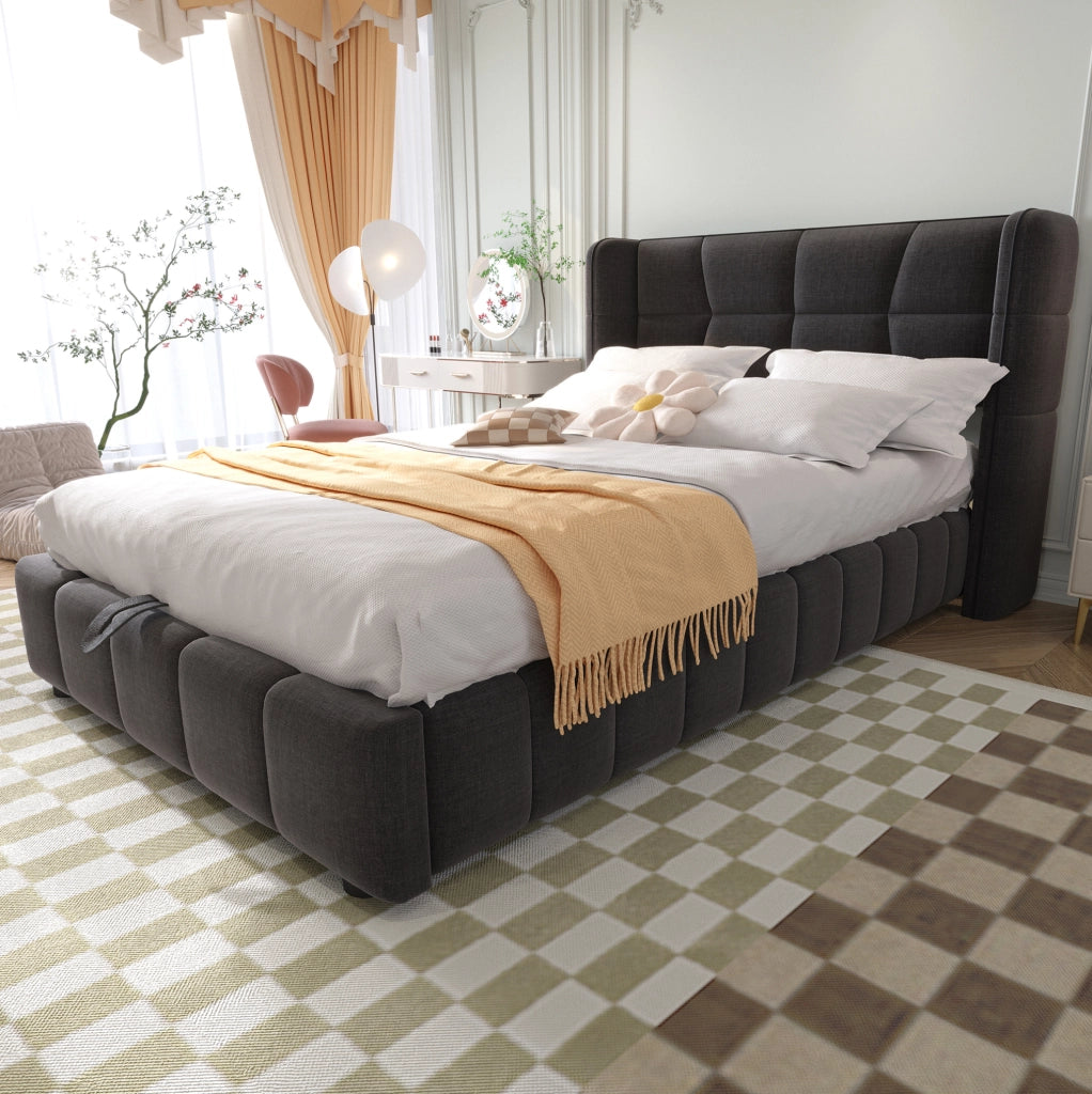 Letto singolo imbottito ULEVR 90x200 cm con contenitore sollevabile e testiera laterale ampia, grigio
