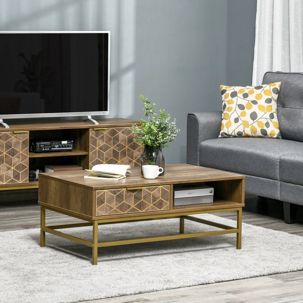 Easycomfort Tavolino da Salotto Rettangolare con Cassetto e 2 Ripiani Aperti, 100x59x42.8cm