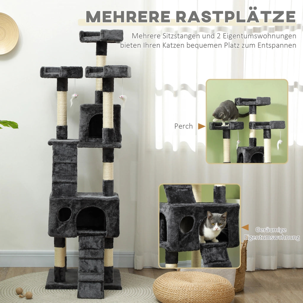 Tiragraffi XXL con cuccia, scaletta, albero per arrampicarsi, multilivello, grigio, 50x50x170 cm