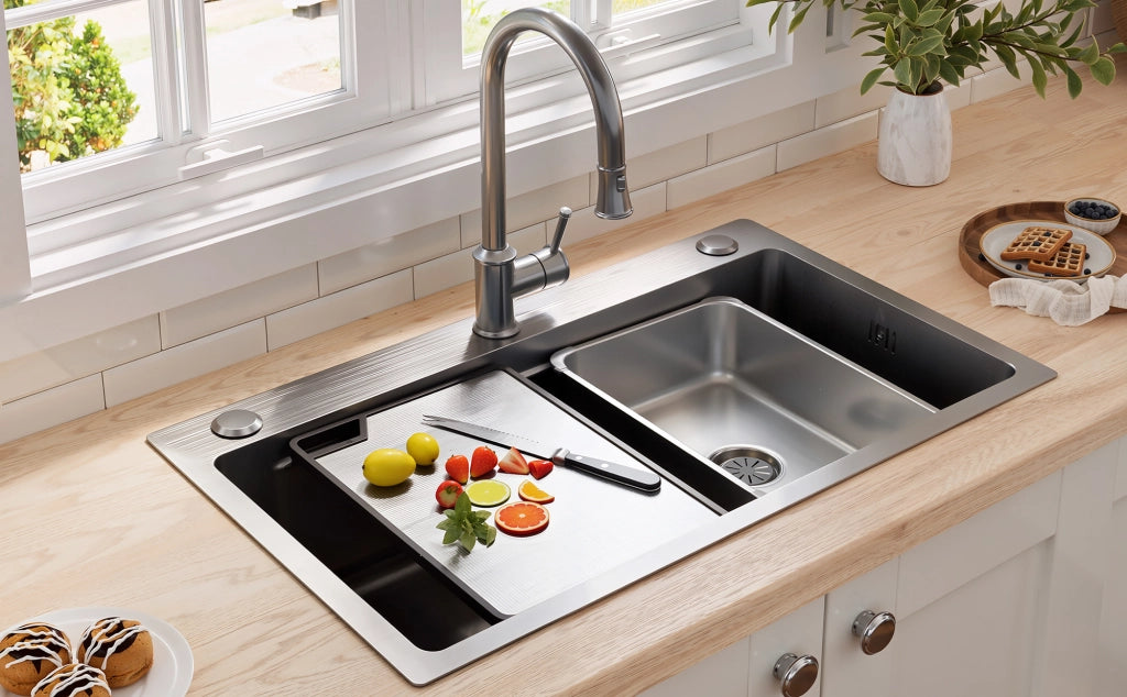 Lavello da cucina da incasso in acciaio inox PVD 75x45 cm con tagliere e doppio filtro