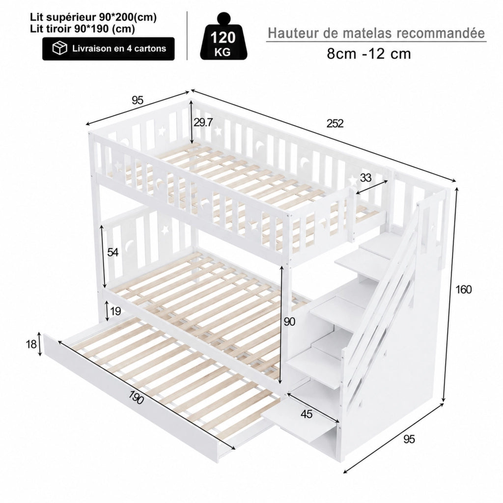 DESMIU Letto a castello per bambini 90 × 200 cm e 90 × 190 cm con cassetti, senza materasso, in legno, bianco