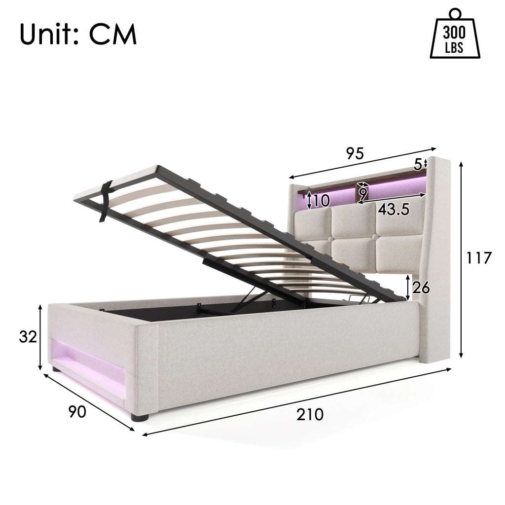 Letti contenitori 90x200 cm con LED e USB; lino beige (Senza materasso)