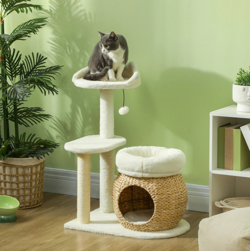 Tiragraffi per gatti 79 cm con cuccia e lettini, bianco crema