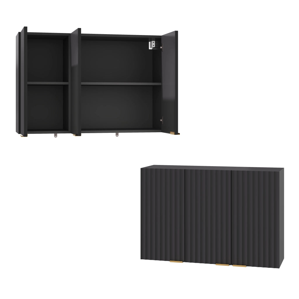 Pensile da parete con 3 ante in MDF nero 90x29x60 cm per cucina, bagno e lavanderia