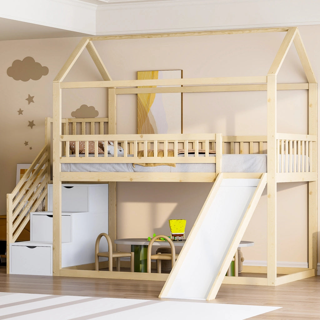Letto a soppalco 90x200 cm con scivolo e scala contenitore in legno colore naturale