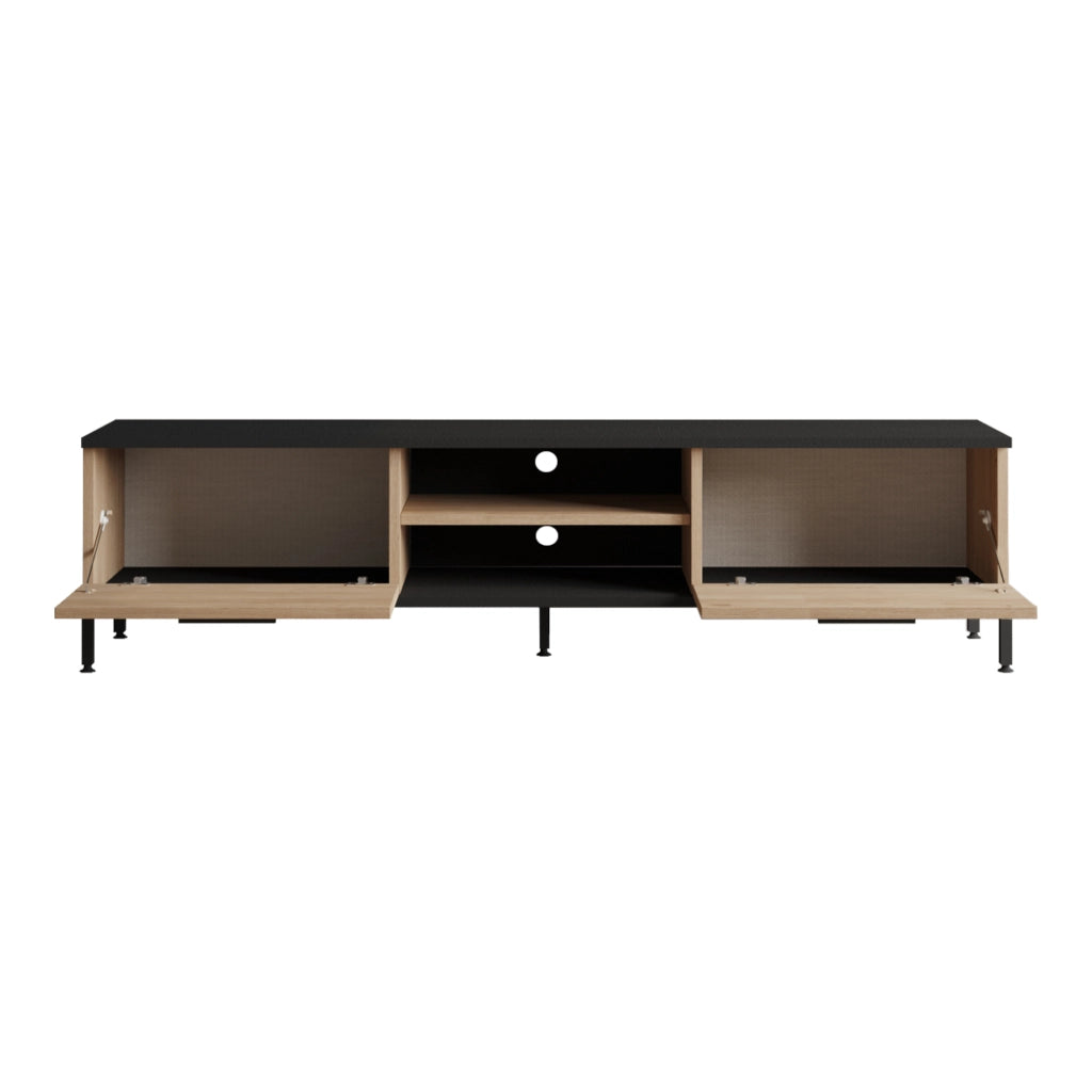 Mobile Basso 'Lempäälä' Supporto TV con Passaggio Cavi Consolle con Sportelli a Ribalta - Effetto Rovere / Nero [en.casa]