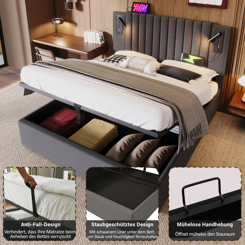 Letto matrimoniale in cotone grigio 180x200 cassetto luce USB borchie doghe