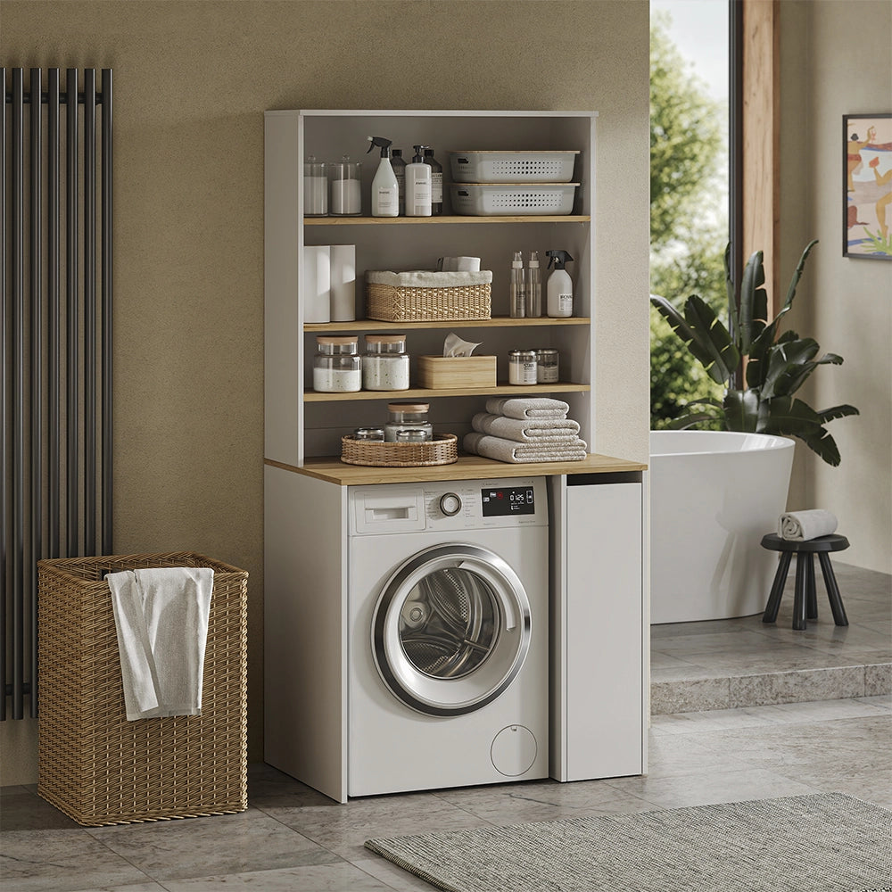 Armadio per lavatrice Viktor Bianco/Rovere artigianale 93.6 x 88.2 cm 2 parti con ripiano Vicco