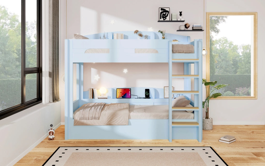 Letto a castello con letto inferiore e presa USB, mensole integrate, colore azzurro chiaro