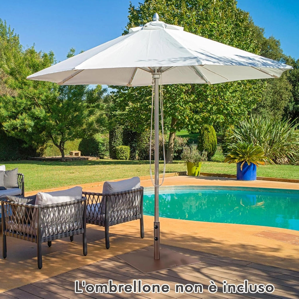 Base per Ombrellone 22,5 kg, Quadrato 60 cm, Adattatori 4/5 cm, 2 Ruote 2 Manopole Impugnatura Esterna, per Terrazza Piscina Spiaggia (Marrone)