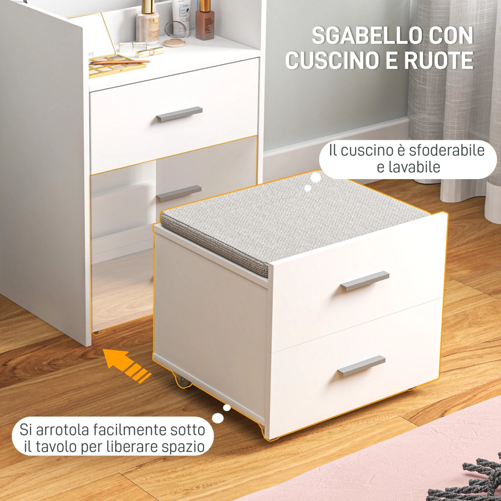 Tavolo da trucco con specchio, 2 cassetti e sgabello ¨C zephmum ¨C Bianco, legno, 50x40x113.5 cm