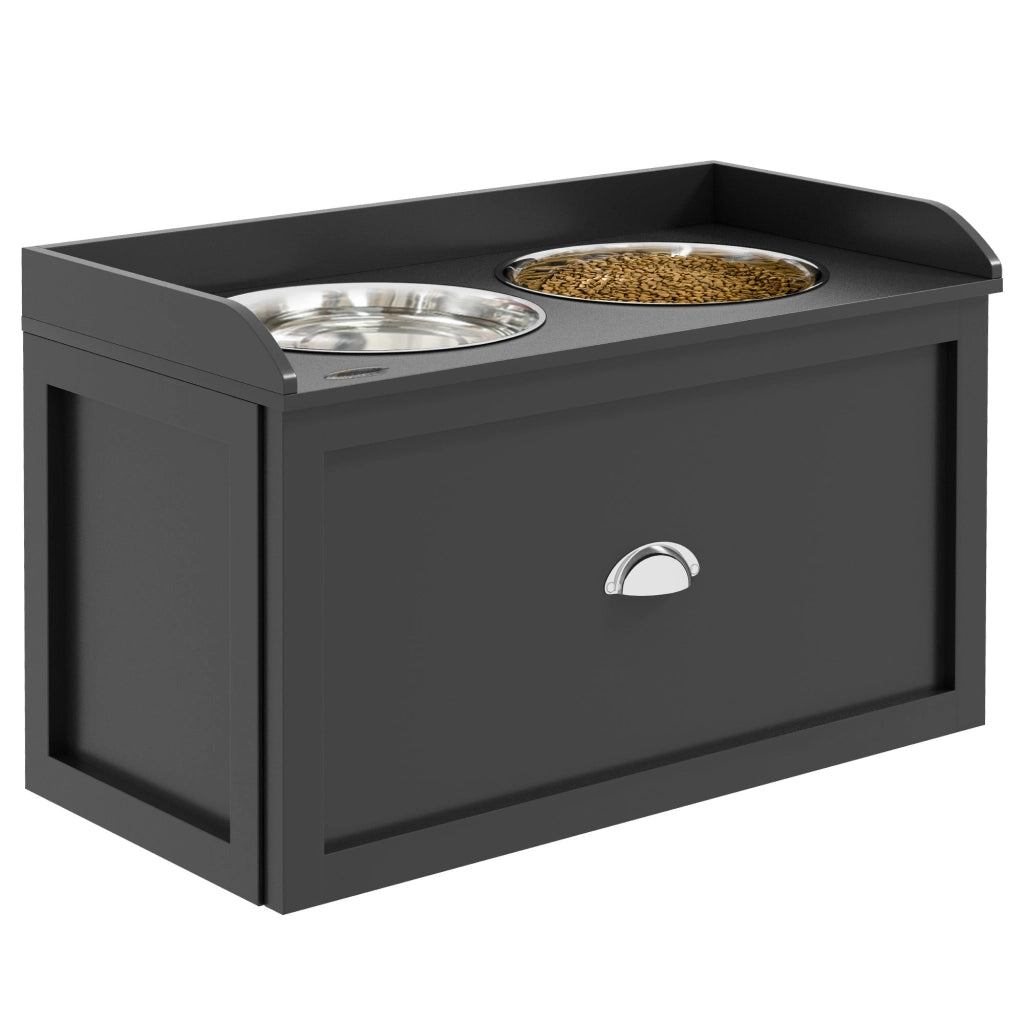 Ciotole per Cani Rialzate 60x30x36 cm in Acciaio Inox e Legno con Cassetto Nero