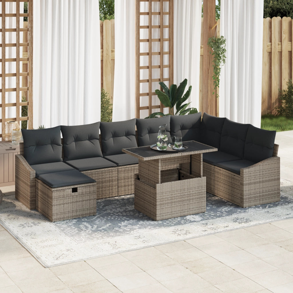 Set Divano da Giardino 9 Pezzi con Cuscini Grigio Polirattan