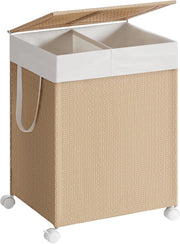 Cesto Portabiancheria a 2 Scomparti, Carrello Biancheria Sporca 100 L con Ruote Coperchio, Sacco con Manici, Effetto Rattan, Lavanderia Bagno, Beige Naturale e Bianco Opaco LCB601N01