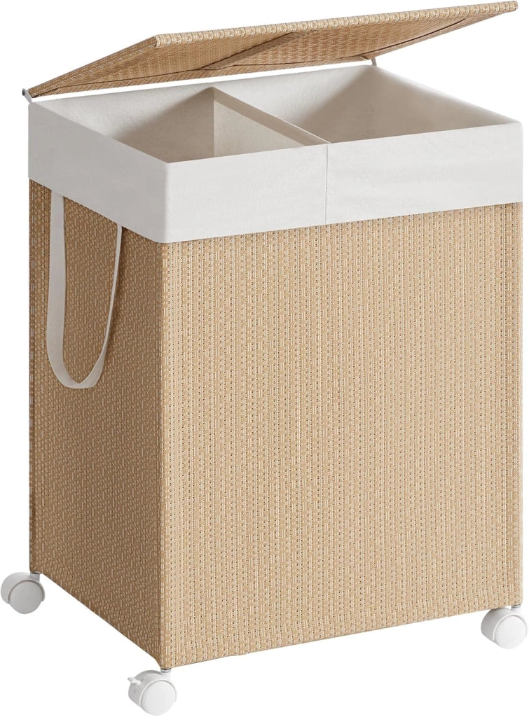Cesto Portabiancheria a 2 Scomparti, Carrello Biancheria Sporca 100 L con Ruote Coperchio, Sacco con Manici, Effetto Rattan, Lavanderia Bagno, Beige Naturale e Bianco Opaco LCB601N01