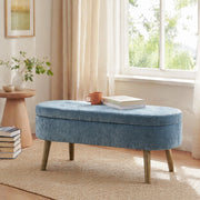 Panca contenitore in chenille con vano portaoggetti da 20 l e struttura in legno massello blu 110 × 40 × 42 cm