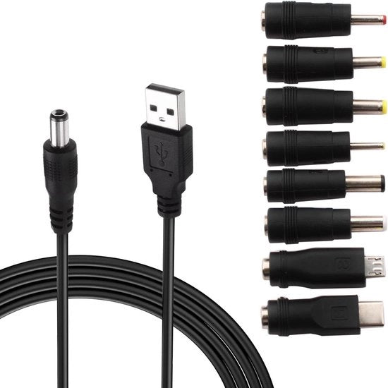 Cavo di alimentazione da USB a DC 5V da 1 metro in nero con 8-in-1 USB A a stekker a vite, ideale per router, mini-aspiratori, altoparlanti e altri dispositivi 5V